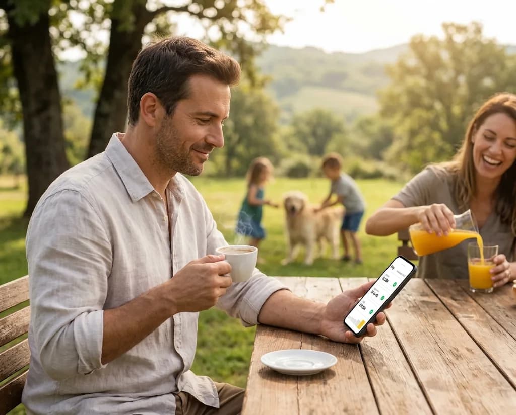 Persona revisando en su celular el panel de su negocio, al aire libre con su familia